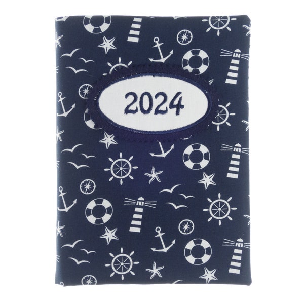 Kalender Buchkalender 2024 - DIN A5 -  352 Seiten - Anker Leuchtturm Sterne maritim blau weiß II -  auf Wunsch mit Namen