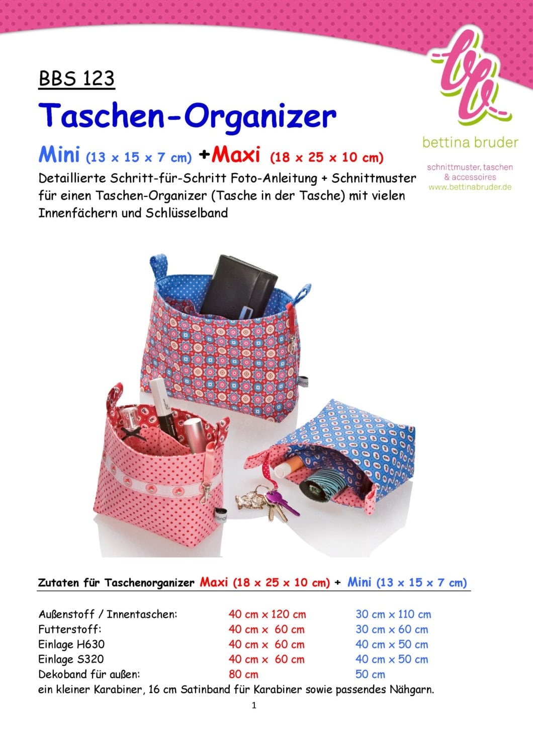 BBS 123 Taschen-organizer Schnittmuster/fotoanleitung 