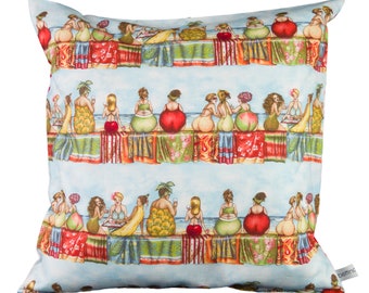 Kissenhülle - Kissenbezug - Fruit Ladies Früchte Obst Damen Strand Meer hellblau rot bunt - 40 cm x 40 cm - 100% Baumwolle - Hotelverschluss