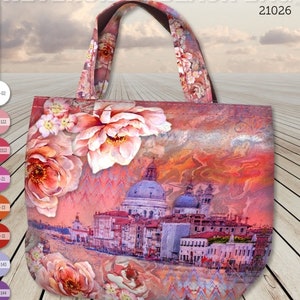 STENZO Tasche Panel Stadt Blumen rosa flieder pink lila bunt 100% Baumwolle CANVAS Strandtasche Shopper Umhängetasche zum SELBERNÄHEN Bild 3