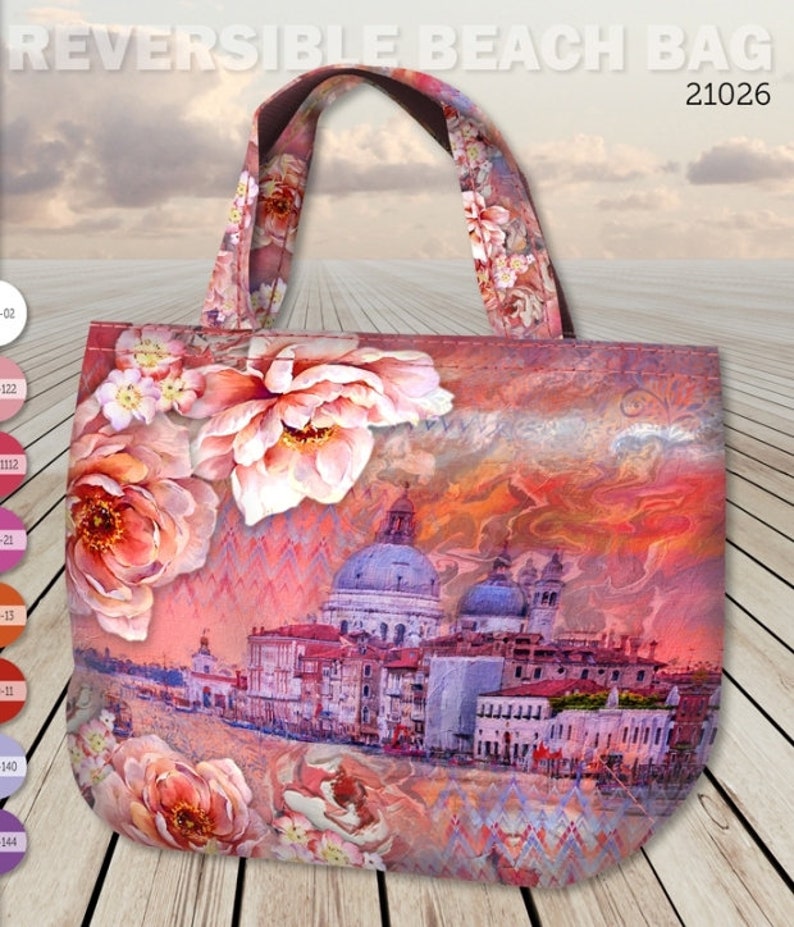 STENZO Tasche Panel Stadt Blumen rosa flieder pink lila bunt 100% Baumwolle CANVAS Strandtasche Shopper Umhängetasche zum SELBERNÄHEN Bild 3