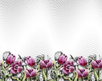 RESTSTÜCK Baumwoll-Jersey STENZO Blumen Bordüre weiß schwarz pink bunt 1,6 m x 150 cm