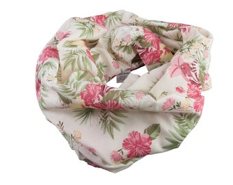 Damen-Loopschal  Blumen Blätter creme rosa grün bunt Batist Voile - ca. 25 cm x 140 cm - 100% Baumwolle - Rundschal Schlauchschal