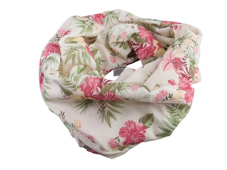 Damen-Loopschal Blumen Blätter creme rosa grün bunt Batist Voile ca. 25 cm x 140 cm 100% Baumwolle Rundschal Schlauchschal Bild 1