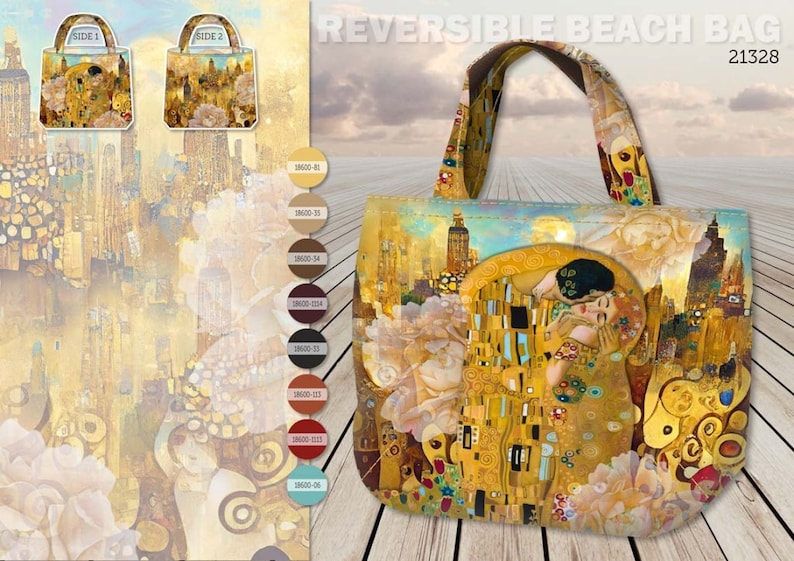 STENZO Tasche Panel inspiriert von Klimt Der Kuss 100% Baumwolle CANVAS Strandtasche Shopper Umhängetasche zum SELBERNÄHEN Bild 5