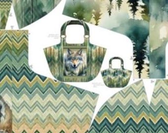 STENZO Tasche Panel XL Wolf Woods grün creme braun 100% Baumwolle CANVAS  extragroße Strandtasche Shopper Umhängetasche zum Selbernähen