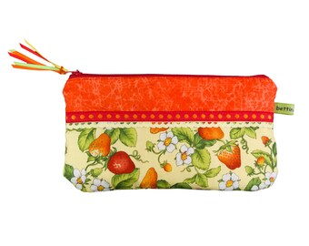 Mäppchen Tasche Erdbeeren gelb rot grün bunt- 21 cm  x 12 cm - auf Wunsch mit Namen - Federmäppchen Etui Necessaire