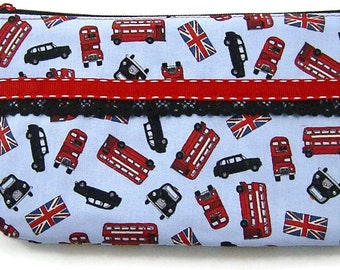 Mäppchen Tasche London Bus Punkte blau rot weiß - 21 cm  x 12 cm - auf Wunsch mit Namen - Federmäppchen Etui Necessaire