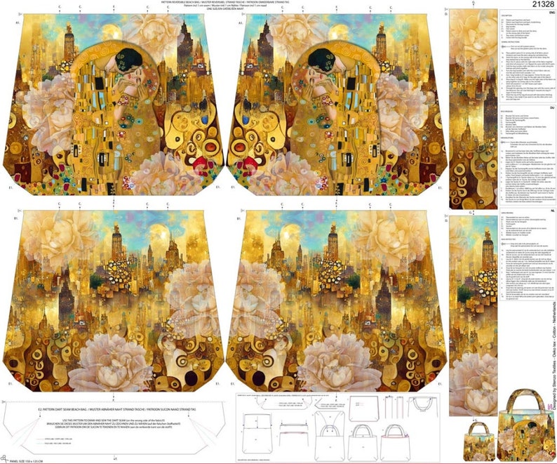 STENZO Tasche Panel inspiriert von Klimt Der Kuss 100% Baumwolle CANVAS Strandtasche Shopper Umhängetasche zum SELBERNÄHEN Bild 1