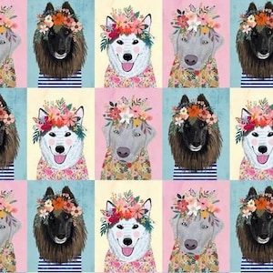 Könnte beinhalten: Eine digitale Illustration von neun verschiedenen Hunden, die Blumenkränze tragen. Die Hunde sind alle verschiedener Rassen und Farben und sie lächeln alle. Der Hintergrund ist in Pastellfarben gehalten.