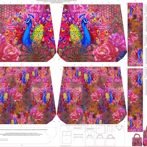 Könnte beinhalten: Ein lebendiges Stoffpaneel mit einem Pfauendesign und einem farbenfrohen floralen Hintergrund. Das Design zeigt zwei blaue Pfauen mit ausgebreiteten Federn, umgeben von rosa und roten Blumen. Der Stoff ist für eine Tragetasche bestimmt, mit Schnittmustern und Anweisungen.