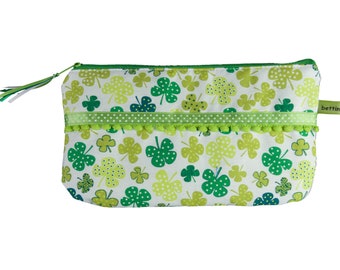 Mäppchen Tasche  Kleeblatt Glücksklee grün weiß - 21 cm  x 12 cm -  auf Wunsch mit Namen - Federmäppchen Etui Necessaire