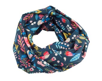 Damen-Loopschal Blumen Blätter blau bunt ca. 25 cm x 140 cm - 100% Baumwolle - Rundschal Schlauchschal
