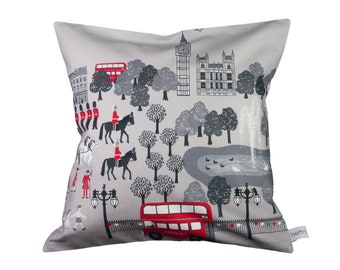 Kuschelkissen  - Reisekissen - Kinderkissen - London Bus England Vichykaro grau schwarz rot bunt - 30 cm x 30 cm - Hotelverschluss