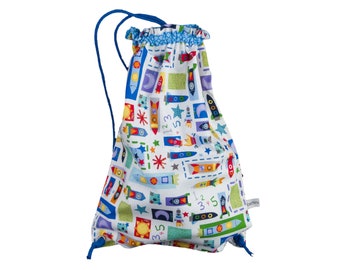 SONDERPREIS - Turnbeutel Wäschebeutel Rucksack Rakete Sterne weiß bunt (28 cm x 39 cm) - mit Namen - ABVERKAUF