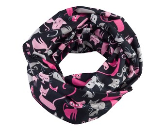 Damen-Loopschal  Katzen schwarz weiß grau pink - ca. 25 cm x 140 cm - 100% Baumwolle - Rundschal Schlauchschal