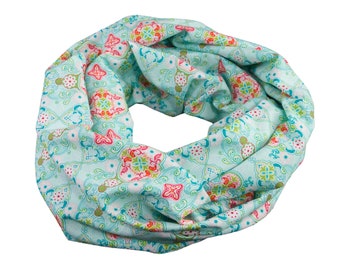 Damen-Loopschal  Blumen Ornament mint rot bunt - ca. 25 cm x 140 cm - 100% Baumwolle - Rundschal Schlauchschal