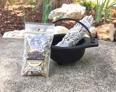Cast Iron Cauldron Smudging Bowl, 4 quot White Sage Wand, and FREE sample blend