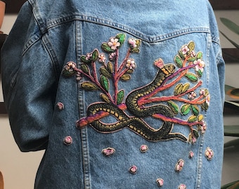 Repurposed Hand Embroidered Denim Jacket Wrangler Unisex Jacket Size Large Hand Embroidered Snake in Flowers Sustainable Fashion Etsy