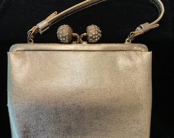 60's Vintage Gold  evening purse w/ rhinestone balls latch