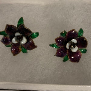 Vintage ENAMEL/CLOISONNE 925 Silver Laurel Burch/Sashi 1970&#39;s flower EARRINGS