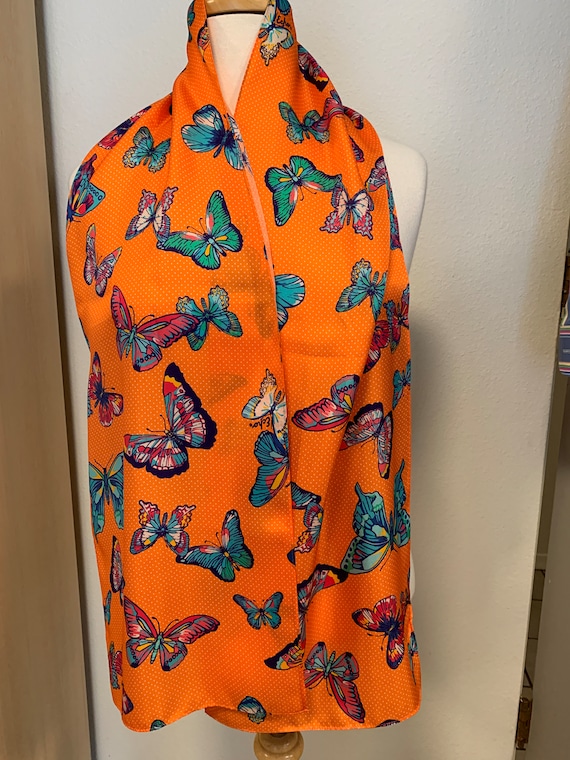 Vintage Silk ECHO rectangular BUTTERFLY scarf w/ … - image 1