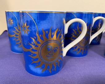 Set (4) Vintage NM Blue & Gold Sun, Moon and Star MUGS- like new (8 oz.)