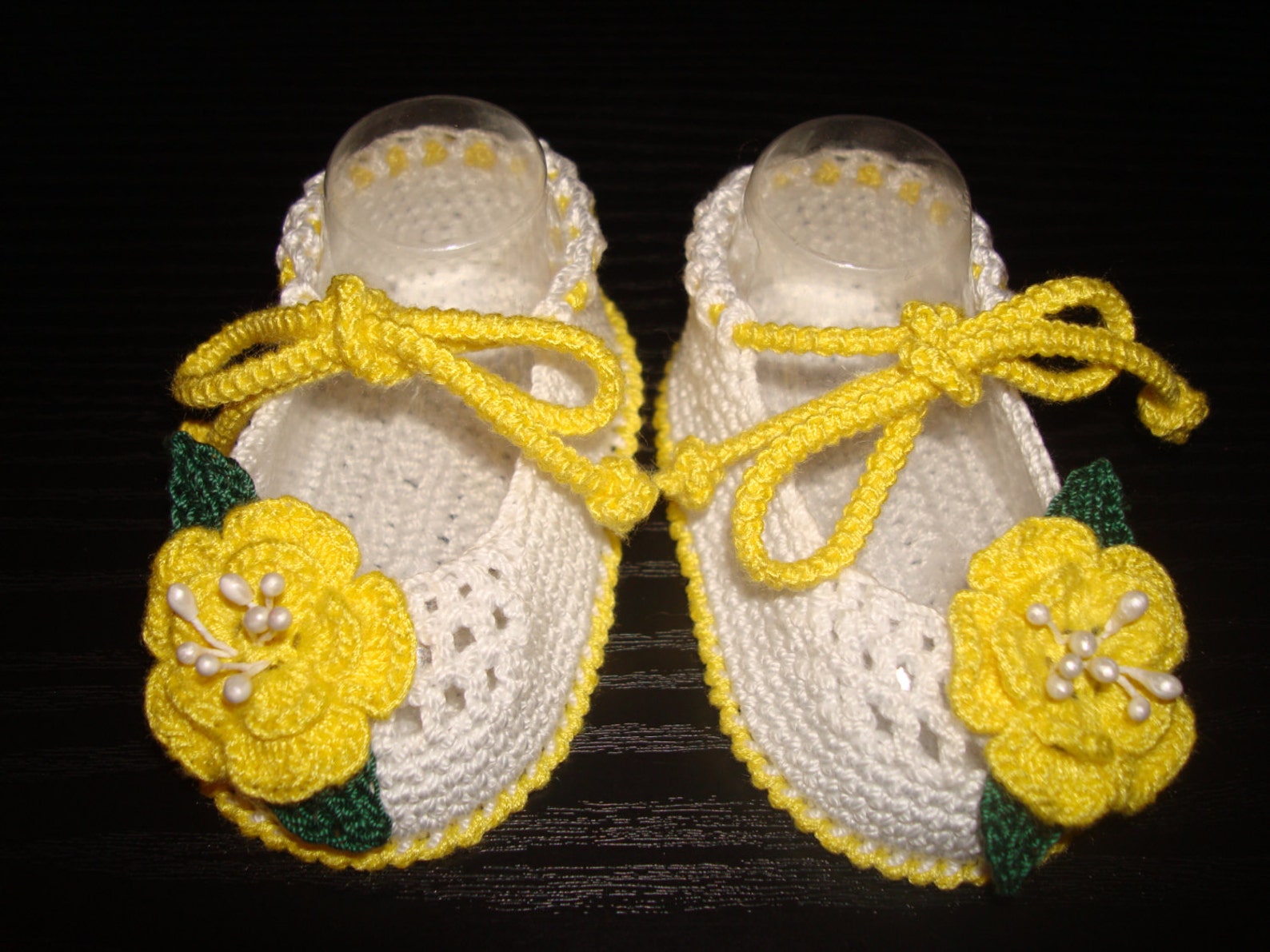 crochet baby girl booties - ballet slippers -yellow flower shoes. ready to ship!