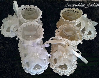 Crochet Baby shoes. Pearl baptism shoes.Handmade Christening baby sandal.Crocheted summer shoes.