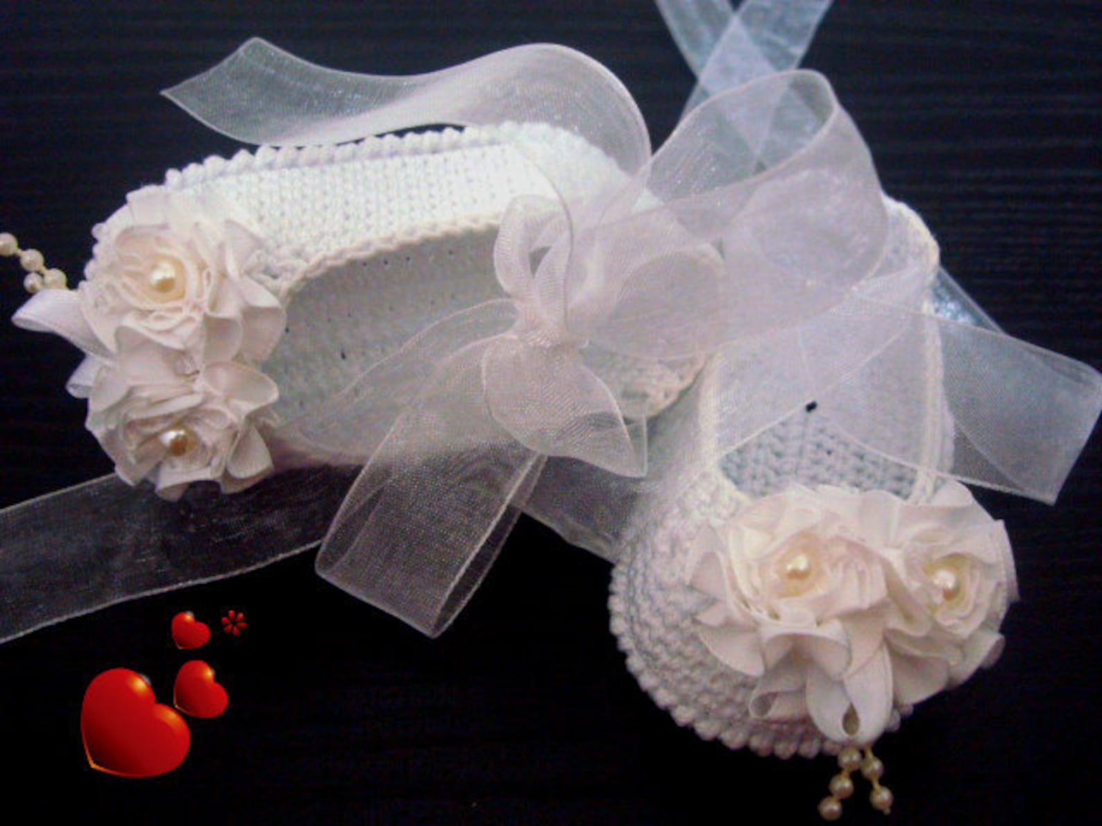 handmade christening baby ballet slippers -satin flowers shoes. white crocheted summer booties with beads.ready to ship!