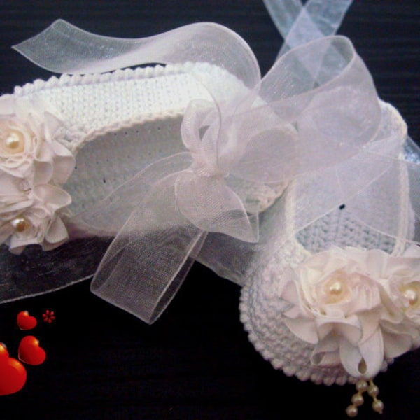 Handmade Christening Baby Ballet Slippers -Satin Flowers Shoes. White crocheted summer booties with beads.READY TO SHIP!