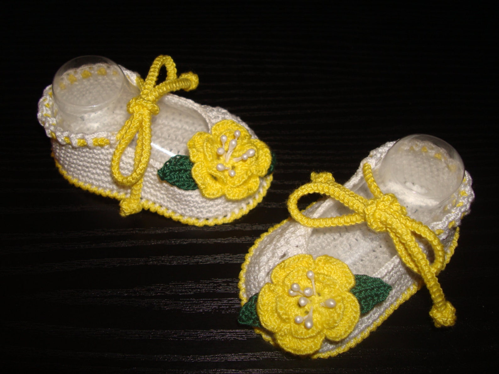 crochet baby girl booties - ballet slippers -yellow flower shoes. ready to ship!