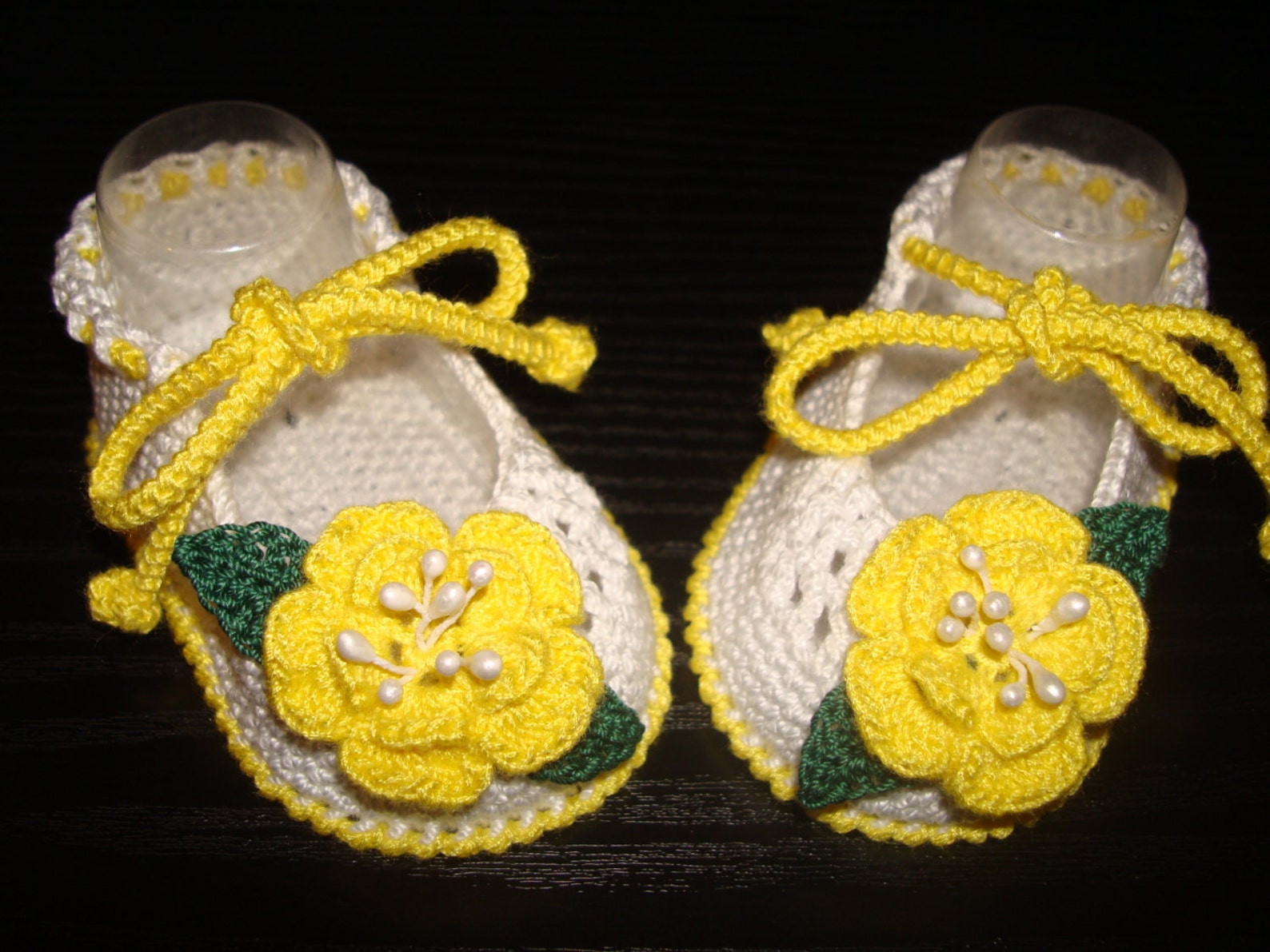 crochet baby girl booties - ballet slippers -yellow flower shoes. ready to ship!