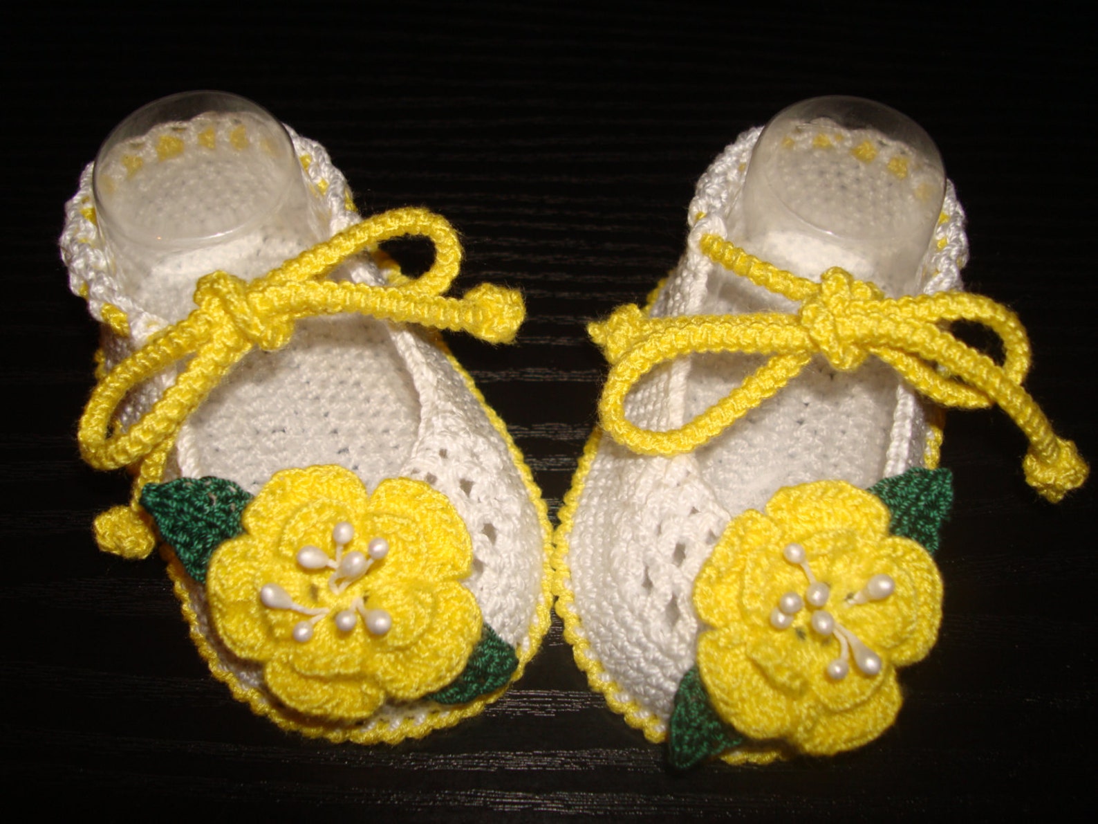 crochet baby girl booties - ballet slippers -yellow flower shoes. ready to ship!