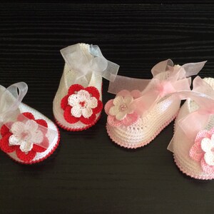 Crochet Baby shoes -Baby girl Booties - Ballet Slippers - Flower Shoes -Mary Jane baby shoes -  rose or red flower ballet style.
