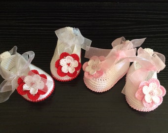 Crochet Baby shoes -Baby girl Booties - Ballet Slippers - Flower Shoes -Mary Jane baby shoes -  rose or red flower ballet style.
