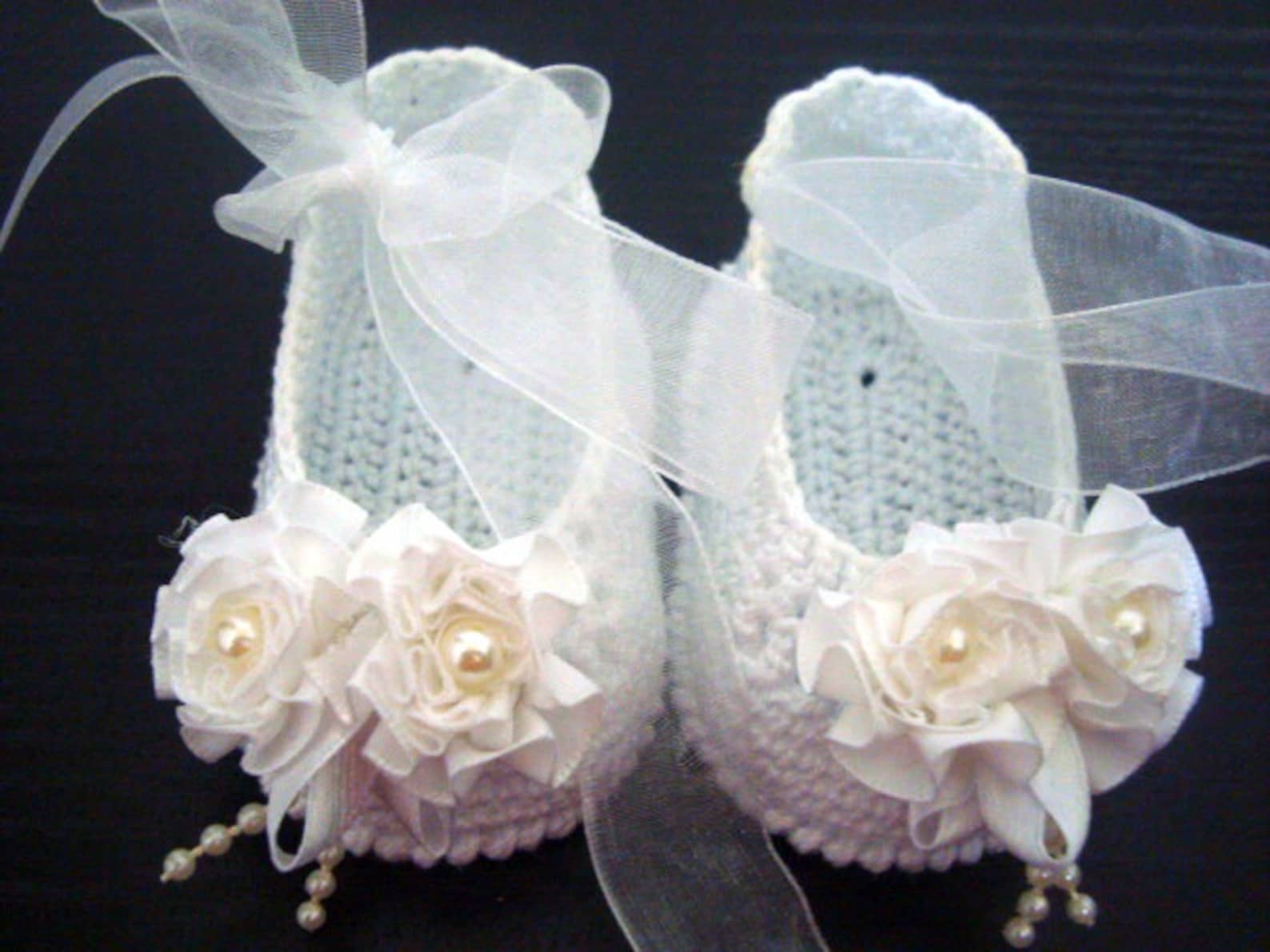 handmade christening baby ballet slippers -satin flowers shoes. white crocheted summer booties with beads.ready to ship!