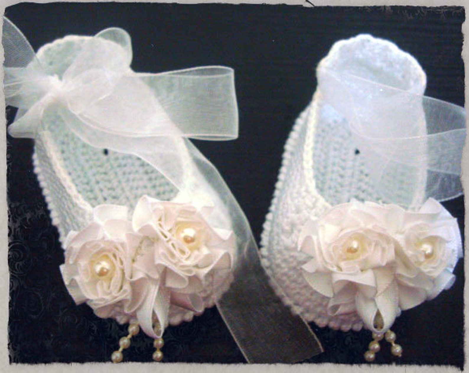 handmade christening baby ballet slippers -satin flowers shoes. white crocheted summer booties with beads.ready to ship!