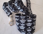 Black with white crowns Bandanna & Matching lead with Swarovski crystal embellishments for small dog or cat (up to 10" neck)
