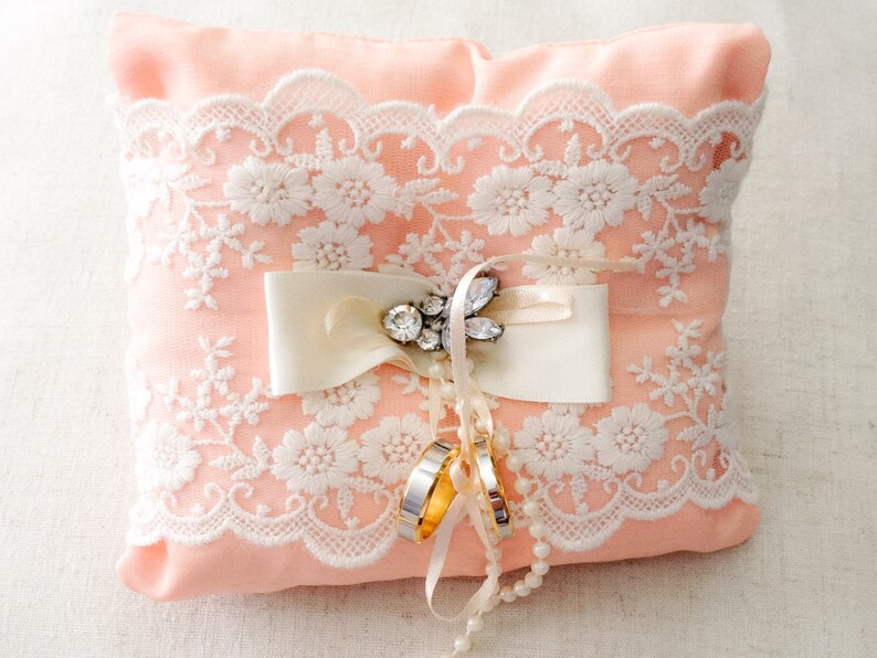 Antique pink beaded floral lace wedding ring bearer pillow