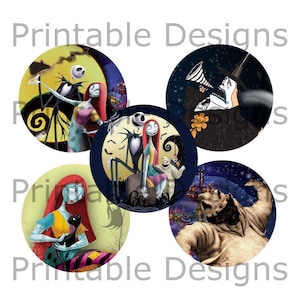 Peut inclure: Cinq autocollants ronds imprimables représentant des personnages du film L'Étrange Noël de monsieur Jack. Les autocollants représentent Jack Skellington, Sally, Oogie Boogie et le maire.