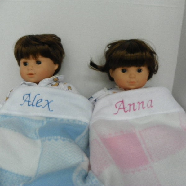 2 Pink, 2 Blue  or Pink and Blue Plaid Doll Blankets for Bitty Baby Twins or Any 15" Boy or Girl Dolls: YOUR NAME CHOICES