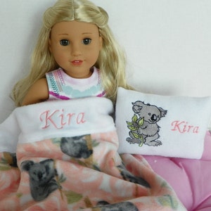 Koala Print 18" Doll Blanket and Pillow Personalized with YOUR NAME CHOICE