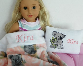 Koala Print 18" Doll Blanket and Pillow Personalized with YOUR NAME CHOICE