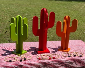 Set of 3 Cactus Ring Toss Carnival Game, Maple Plywood, with 9 Rings