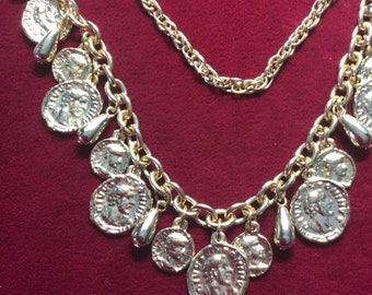 Extra Long Coin Charm Necklace Gypsy Boho Flapper Style with Mother of Pearl Shell Discs Bronze Tone Metal Strung 30-33 Inches