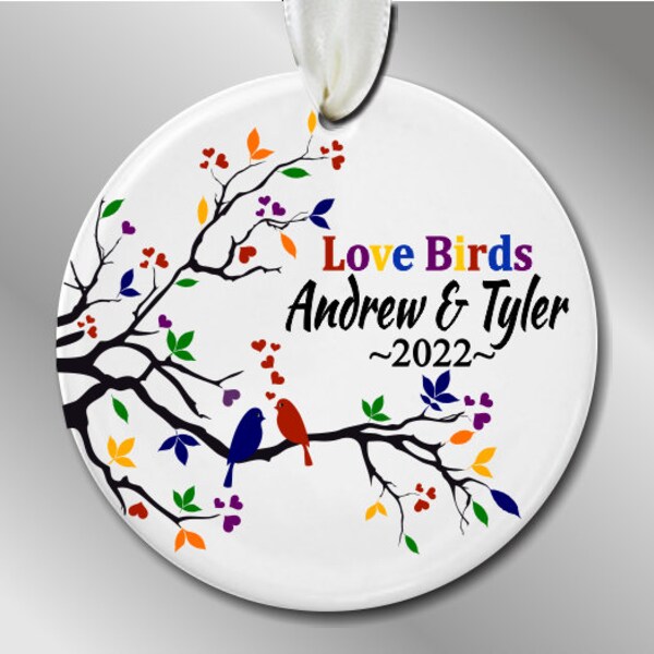 Personalized Christmas Ornament - Ceramic Ornament - Our First Christmas Keepsake - Birds in Tree - LGBT gay lesbian couple #106