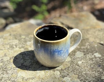 Skyline Frost | Handmade Ceramic Mug | Crystalline Glaze Pottery in Cream and Pale Blue, and Rust | 10 oz | Crystalline Collection