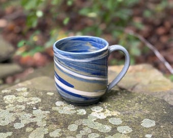 Harbor Moss | Handmade Ceramic Mug | Blue, Grey, and Green Marbled Clay Pottery | 14 oz | Marbled Collection