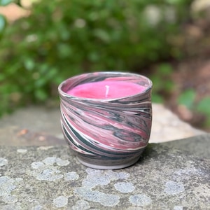 Rose I (full size) | Natural Soy Candle in Ceramic Cup | Handmade Pottery Vessel | Multicolor Marbled Clay | 14 oz